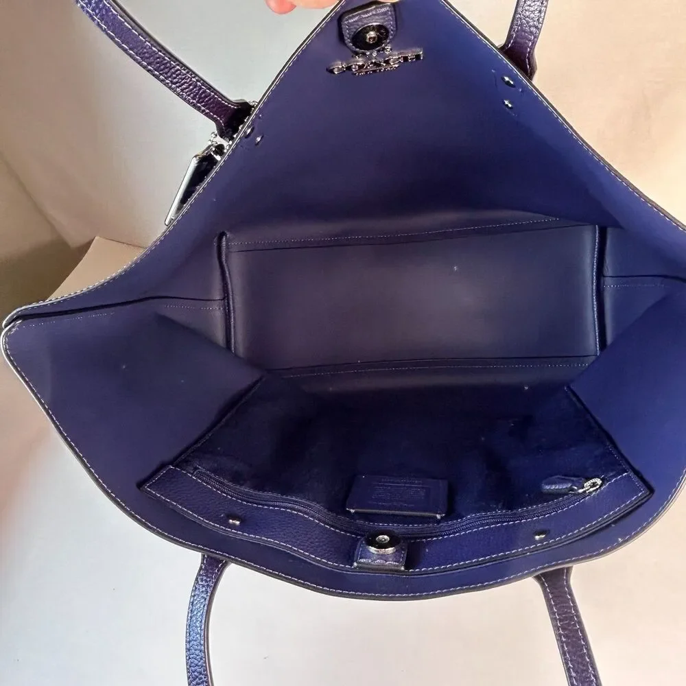 Coach NWT #679983 Navy Blue Iridescent Pebble Leather Large Town Tote